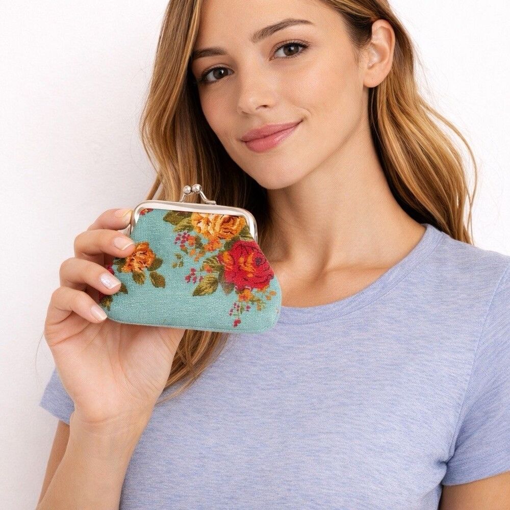 Victorian Trading Rose Garden in Aqua Floral Kiss Lock Coin Purse